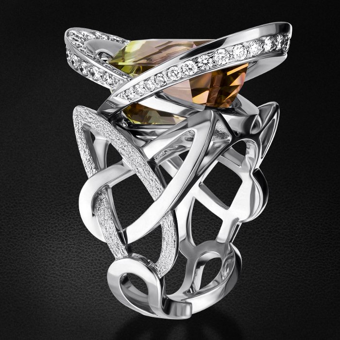 Кольцо с турмалином, бриллиантами из белого золота 750 пробы, фото № 3