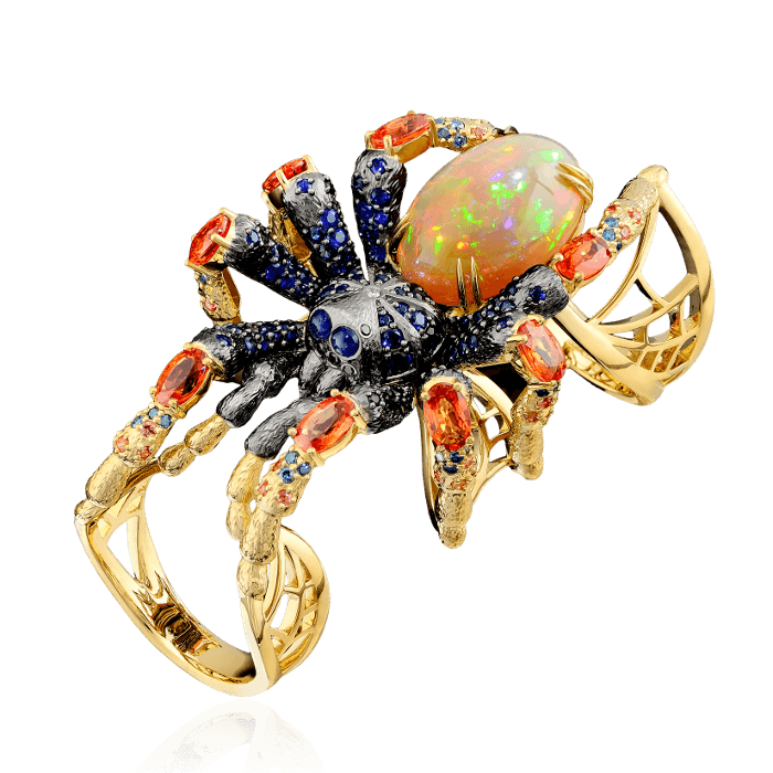 Подвижное кольцо Паук с опалом, бриллиантами, сапфиром фантазийным из желтого золота 750 пробы, фото № 1