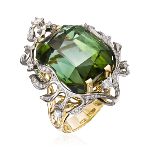 Кольцо с турмалином, бриллиантами из комбинированного золота 750 пробы, фото № 1