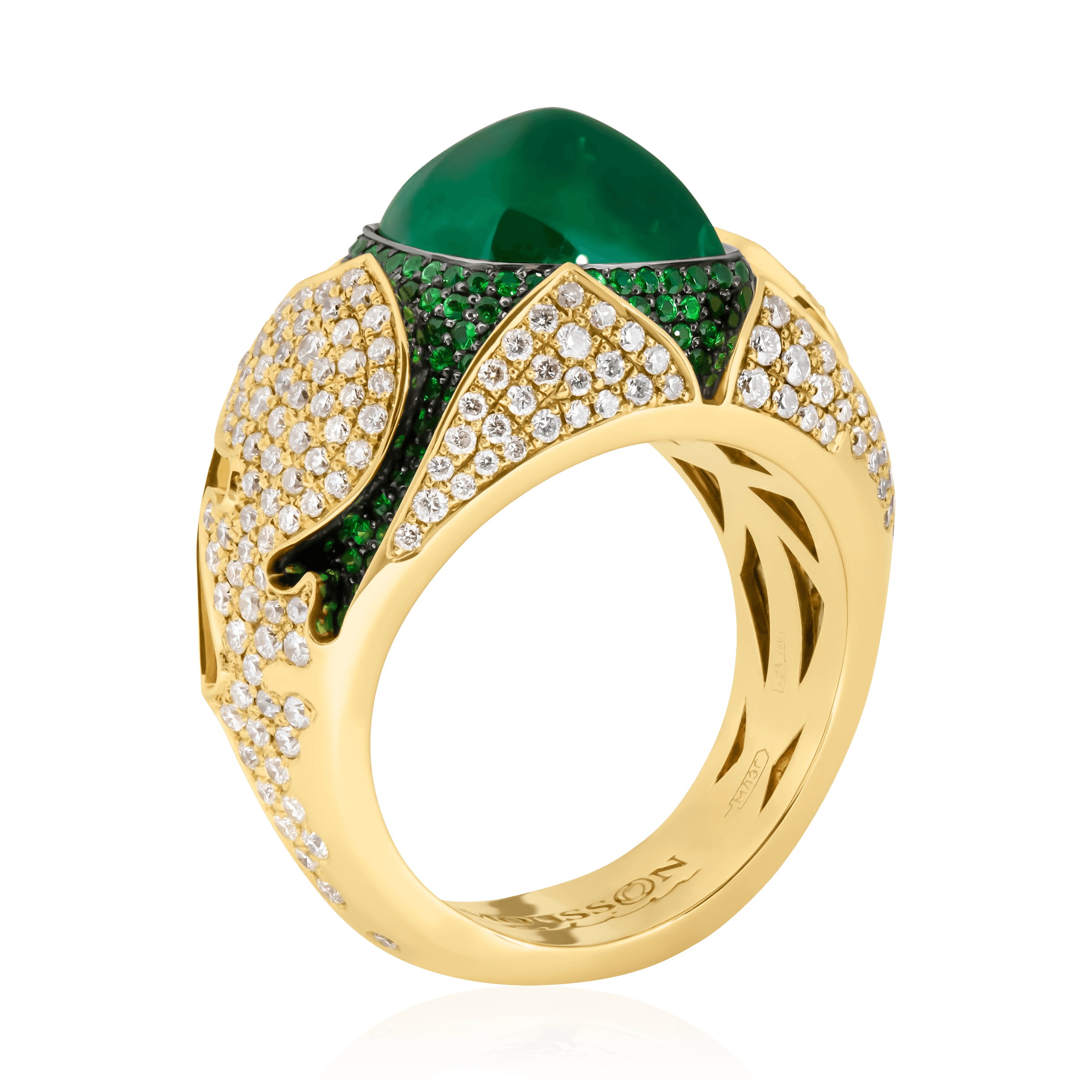 Кольцо с изумрудом, тсаворитом, бриллиантами из желтого золота 750 пробы, фото № 1