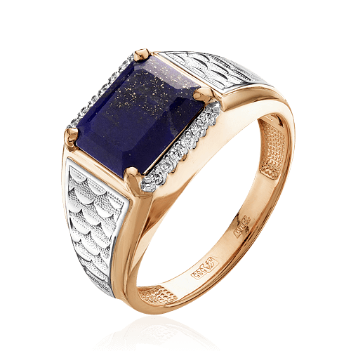 Мужское кольцо с лазуритом, бриллиантами из комбинированного золота 585 пробы, фото № 1