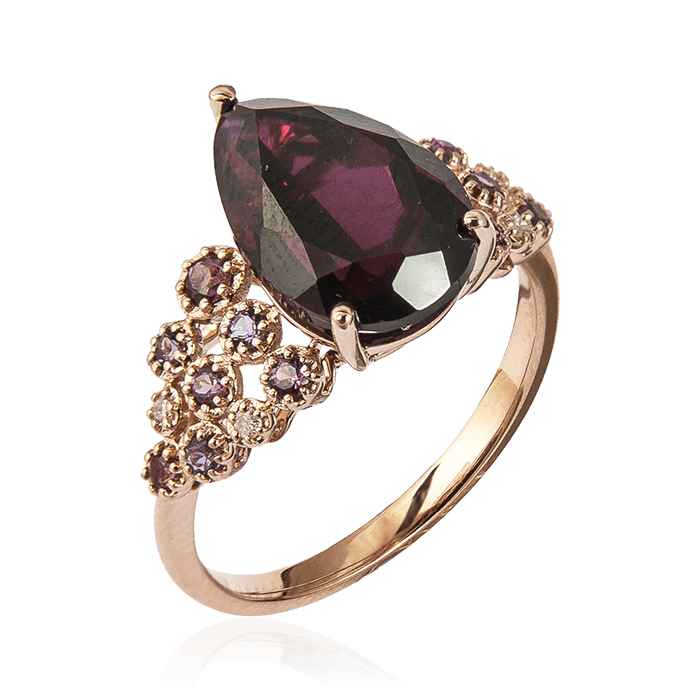 Кольцо с бриллиантами, аметистом, родолитом из красного золота 585 пробы, фото № 1