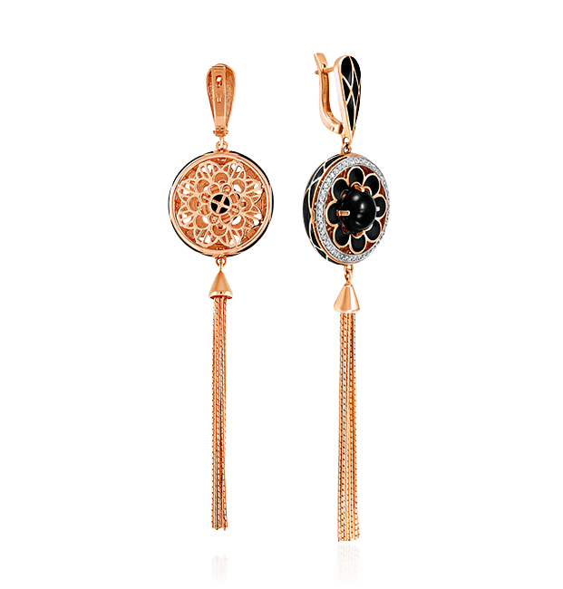 Длинные серьги с кисточками из коллекции «Аристократка» с бриллиантами, агатом, эмалью из красного золота 585 пробы, фото № 2