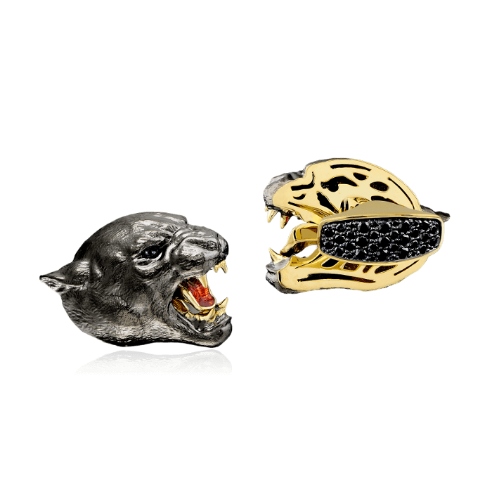Запонки Пантера с турмалином, эмалью, бриллиантами из желтого золота 750 пробы, фото № 1