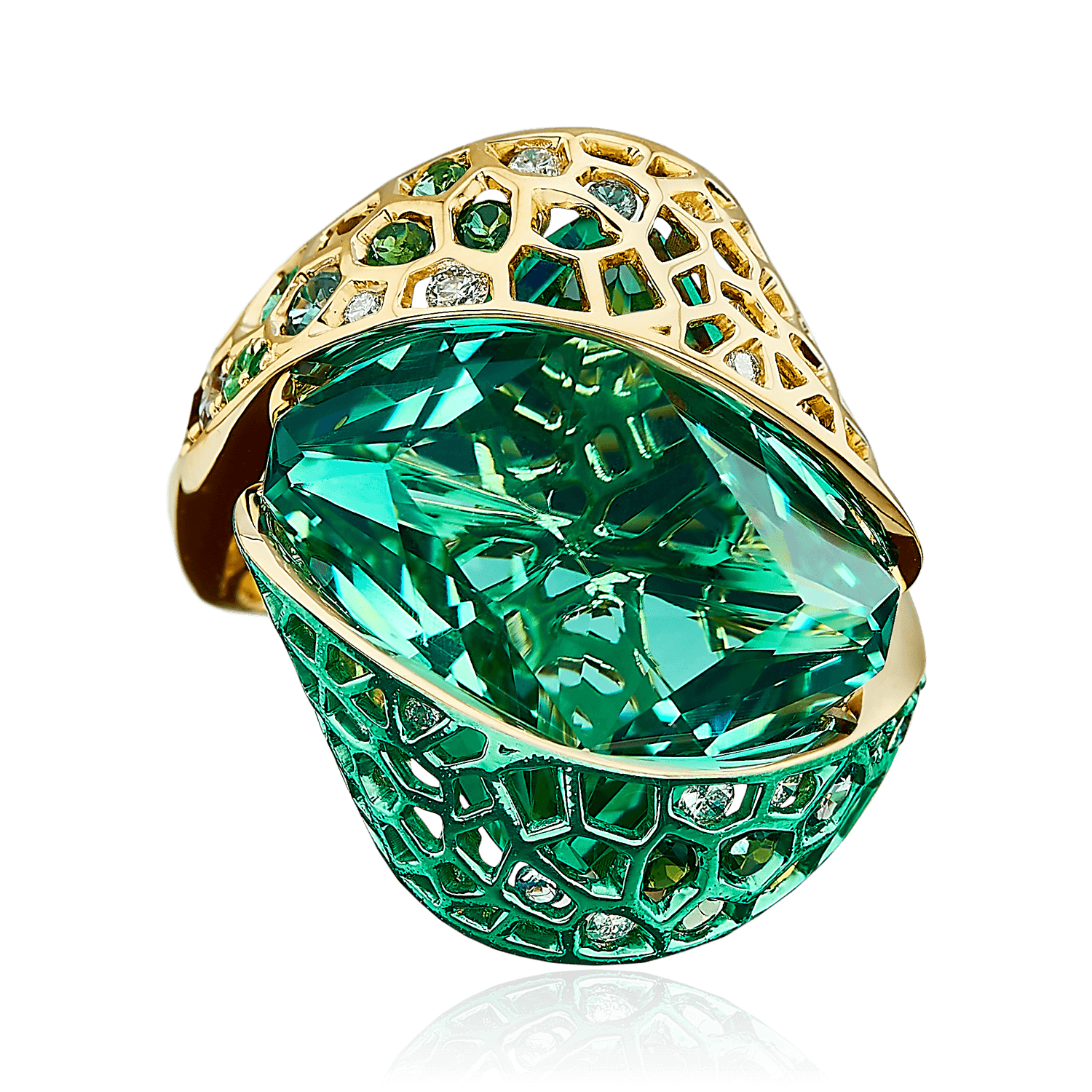 Кольцо с празиолитом, изумрудами, бриллиантами из желтого золота 750 пробы, фото № 2