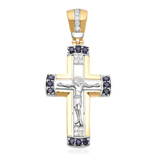 Крест с сапфиром, бриллиантами из комбинированного золота 585 пробы (арт. 56419)