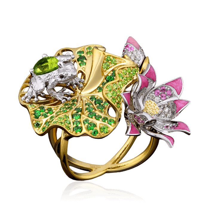 Кольцо Лягушка и кувшинка с цветными камнями, бриллиантами и эмалью в комбинированном золоте 750 пробы, фото № 1
