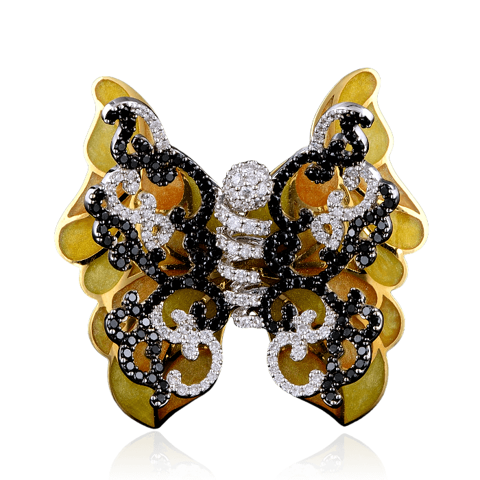 Кольцо Бабочка с белыми и черными бриллиантами в желтом золоте 750, фото № 2