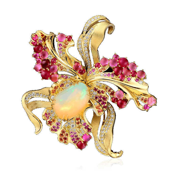 Подвеска-брошь Орхидея с цветными камнями и бриллиантами в желтом золоте 750 пробы, фото № 1