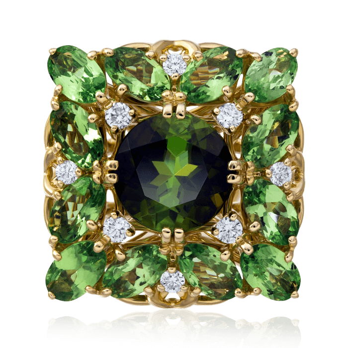 Кольцо с турмалином, бриллиантами, тсаворитом из желтого золота 750 пробы, фото № 2