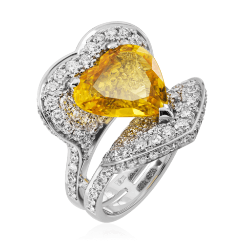 Кольцо сердце с желтым сапфиром, бриллиантами из белого золота 750 пробы (арт. 56508)