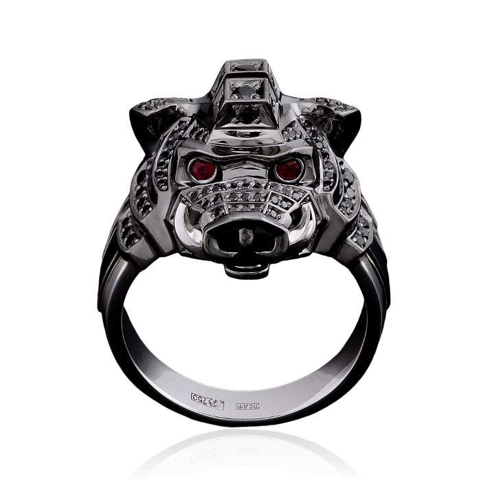 Мужское кольцо Кабан с черными бриллиантами, рубинами в черненом золоте 750 пробы, фото № 3
