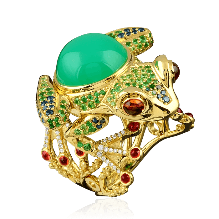 Кольцо Лягушка с цветными камнями и бриллиантами в желтом золоте 750 пробы, фото № 1