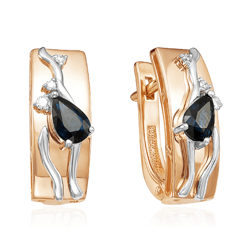 Серьги с сапфиром, бриллиантами из комбинированного золота 585 пробы, фото № 1