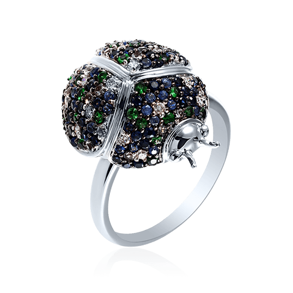 Кольцо с топазом, рубином, сапфиром, бриллиантами, тсаворитом из белого золота 585 пробы, фото № 1