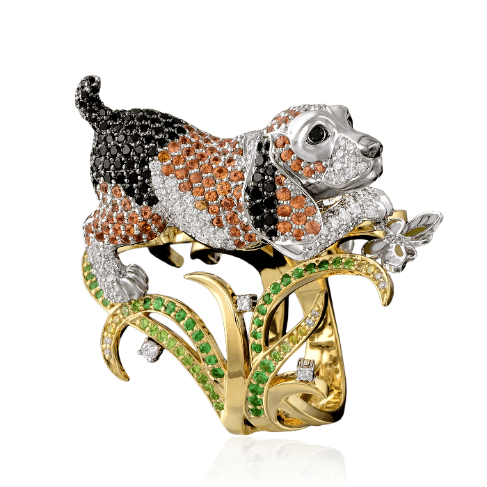 Кольцо Собака Бигль с цветными камнями и бриллиантами в желтом и белом золоте 750, фото № 2