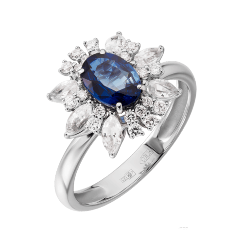 Кольцо с синим и белыми сапфирами, бриллиантами из белого золота 585 пробы, фото № 1