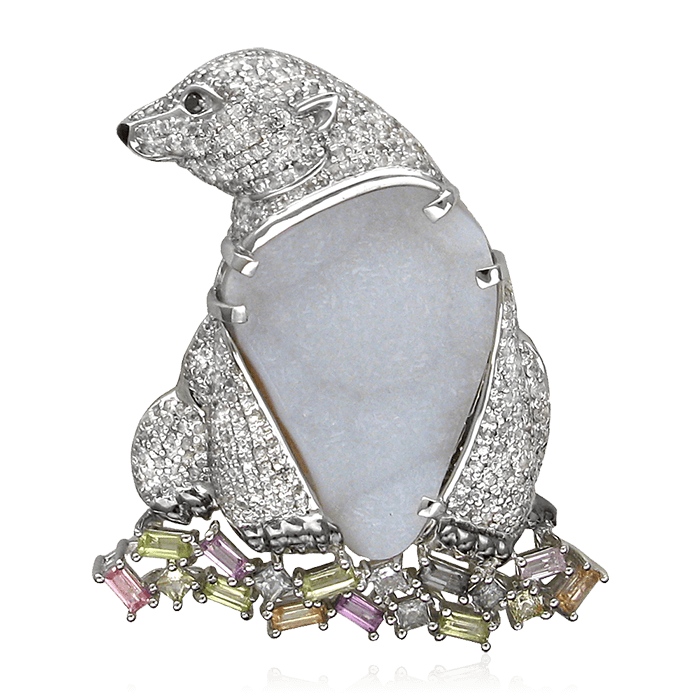 Брошь Медведица с бриллиантами, кварцем, цветными сапфирами из белого золота 585 пробы (арт. 74734)
