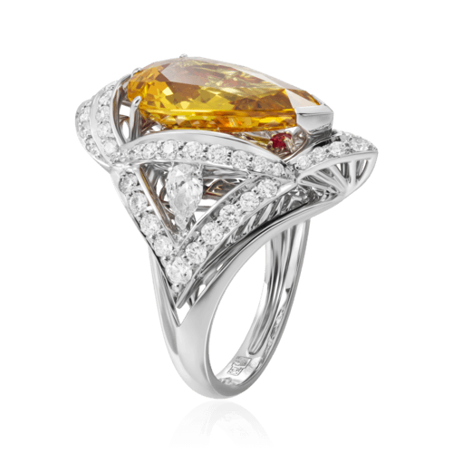 Кольцо с желтым сапфиром, рубином, бриллиантами из белого золота 750 пробы, фото № 3