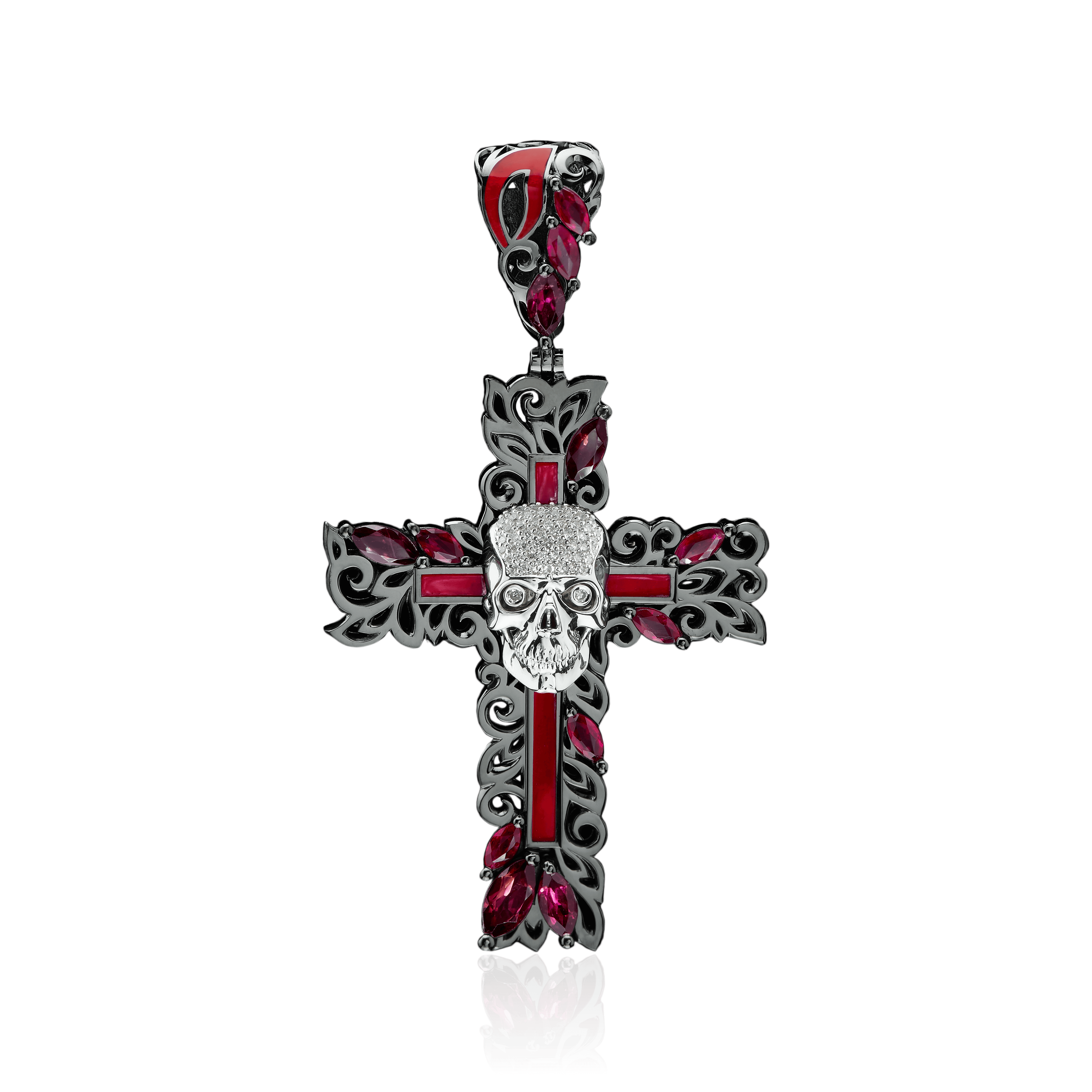 Крестик с рубином, бриллиантами, эмалью, турмалином из белого золота 750 пробы, фото № 1