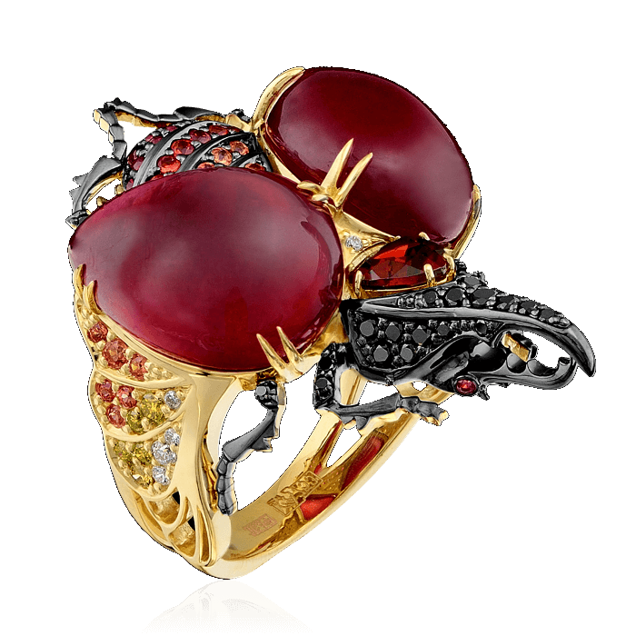 Кольцо Муха с цветными камнями и бриллиантами в комбинированном золоте 750 пробы, фото № 1