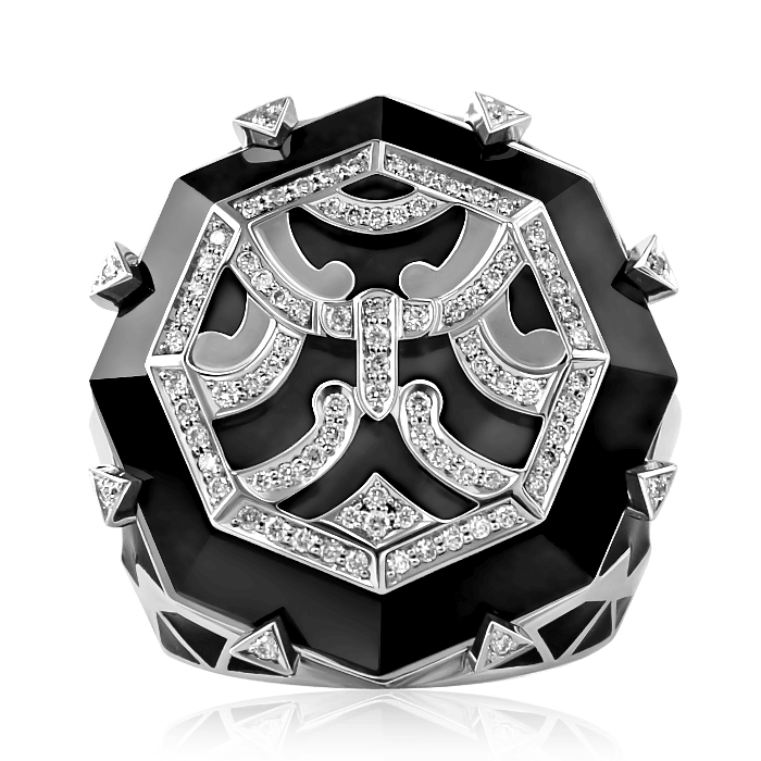 Мужское кольцо Маори с ониксом и бриллиантами из палладия, фото № 1