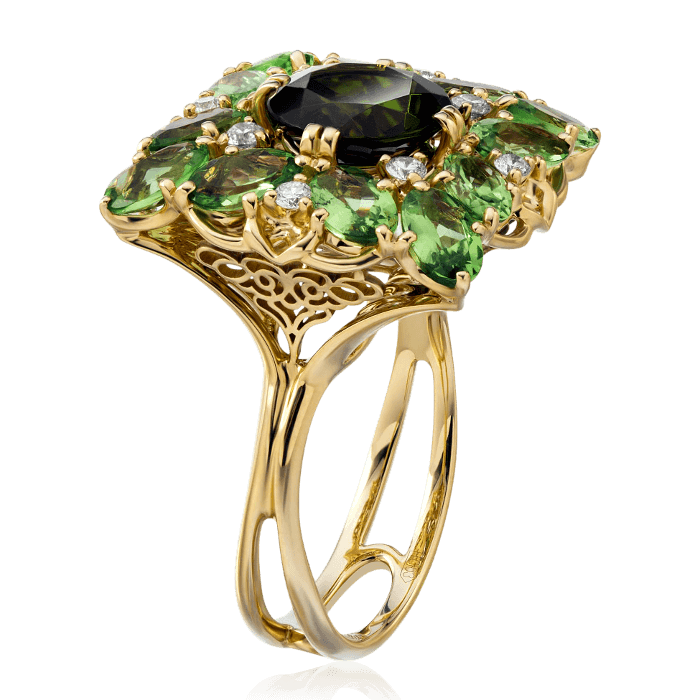 Кольцо с турмалином, бриллиантами, тсаворитом из желтого золота 750 пробы, фото № 3