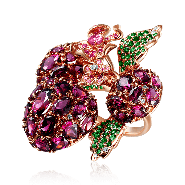 Кольцо Ягоды с родолитами, розовыми сапфирами, тсаворитами и бриллиантами в красном золоте 585 пробы, фото № 1