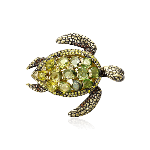 Брошь Черепаха с турмалинами, бриллиантами из желтого золота 585 пробы, фото № 1
