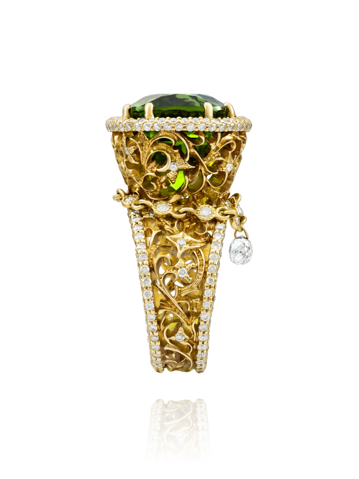 Кольцо с хризолитом, бриллиантами из желтого золота 750 пробы, фото № 3