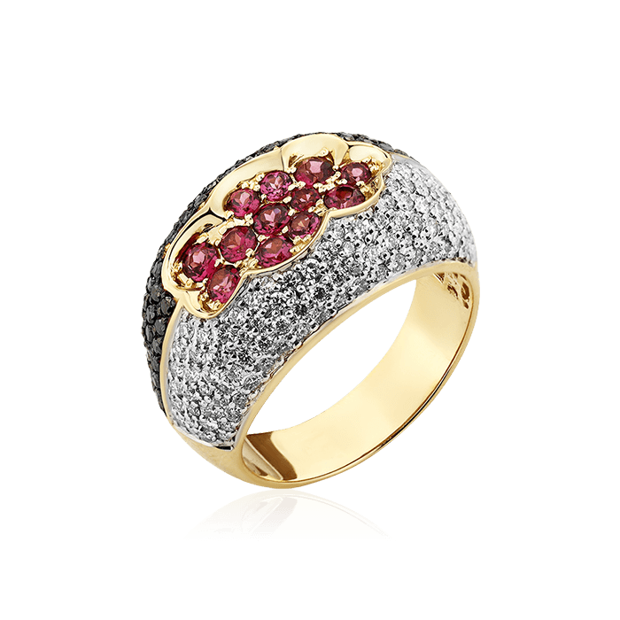 Кольцо с родолитом, бриллиантами из желтого золота 585 пробы, фото № 1