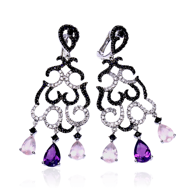 Серьги с аметистами, розовыми кварцами, черными сапфирами, бриллиантами из белого золота 585 пробы, фото № 1