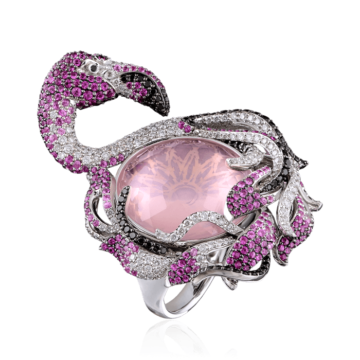 Кольцо Розовый Фламинго с кварцем, рубинами и бриллиантами в белом золоте 585 пробы, фото № 1