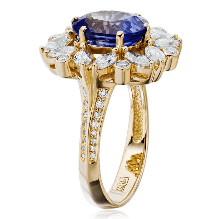 Кольцо с сапфиром, бриллиантами из желтого золота 750 пробы, фото № 3