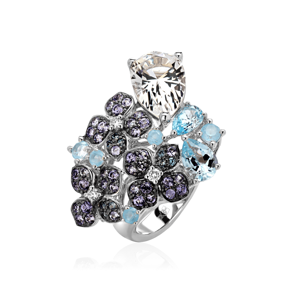 Кольцо Цветы с топазом, танзанитом, сапфиром, бриллиантами из белого золота 585 пробы, фото № 1