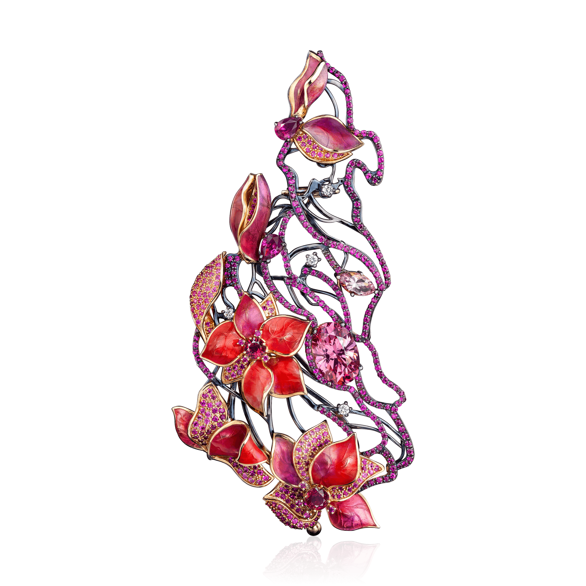 Брошь Ветер в саду. Сакура с памирской шпинелью, рубинами, розовыми сапфирами, морганитом, бриллиантами из черненого золота 750 пробы (арт. 103833)