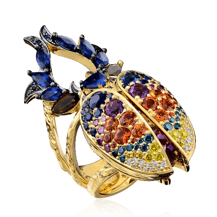Кольцо Жук-Олень с двигающимися крыльями, украшенный цветными камнями и бриллиантами в желтом золоте 750 пробы, фото № 2