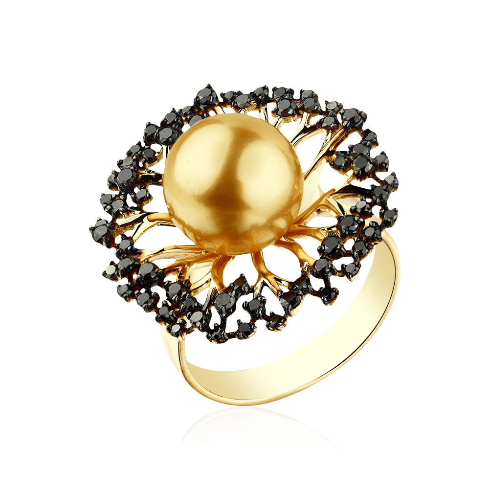 Кольцо с жемчугом, бриллиантами из желтого золота 585 пробы (арт. 98284)