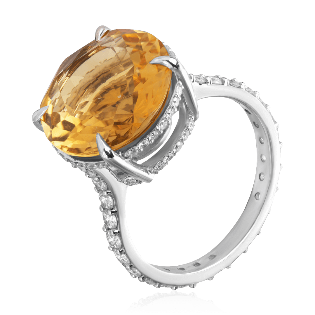 Кольцо с бриллиантами, цитрином из белого золота 585 пробы, фото № 1