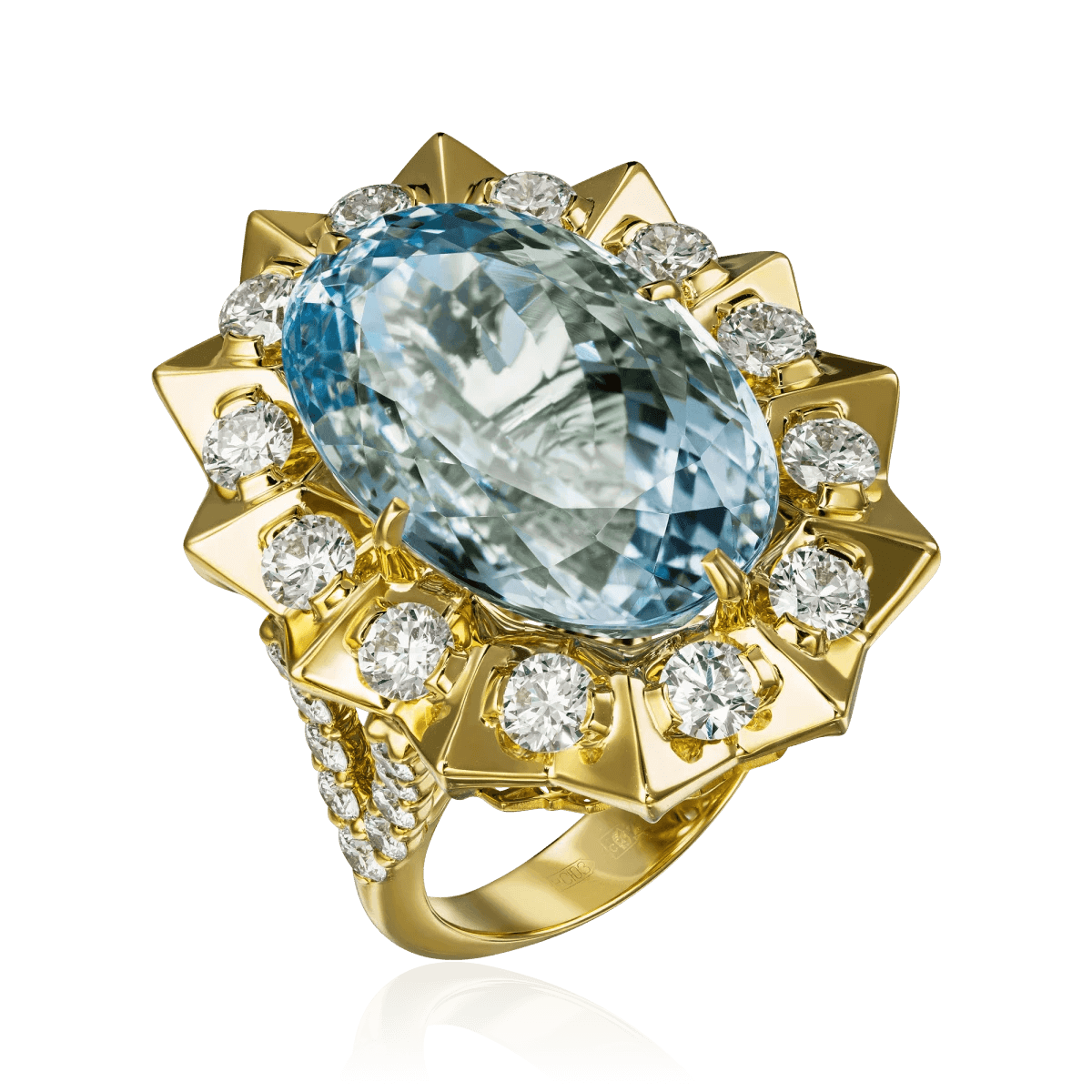 Кольцо с аквамарином, бриллиантами  из желтого золота 750 пробы, фото № 1