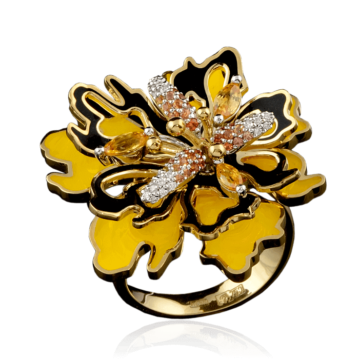 Кольцо цветок с эмалью, цветными сапфирами и бриллиантами в желтом золоте 750 пробы (арт. 29230)