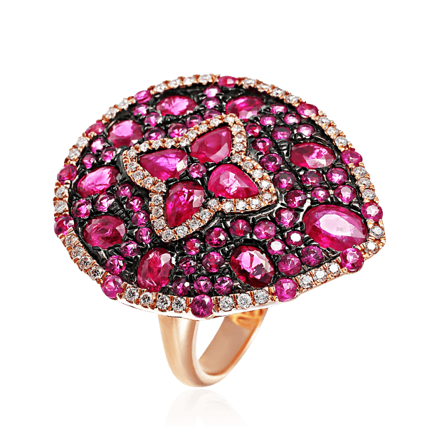 Кольцо с рубинами, бриллиантами в красном золоте 585 пробы, фото № 1