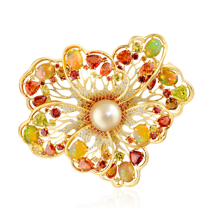 Брошь с жемчугом, бриллиантами, турмалином, опалом, цветными сапфирами из желтого золота 750 пробы, фото № 1