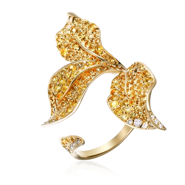 Кольцо цветок с желтыми сапфирами, бриллиантами из желтого золота 585 пробы, фото № 1