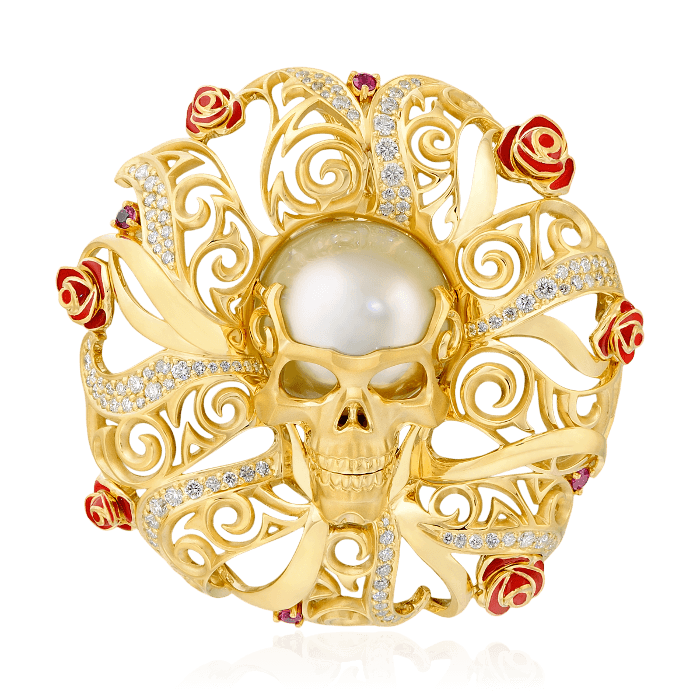 Кулон в виде черепа с жемчугом, бриллиантами, рубином, эмалью из желтого золота 750 пробы, фото № 1