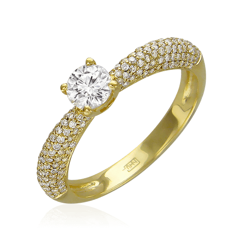 Кольцо с крупным центральным бриллиантом и россыпью по бокам в желтом золоте 750 (арт. 28527)