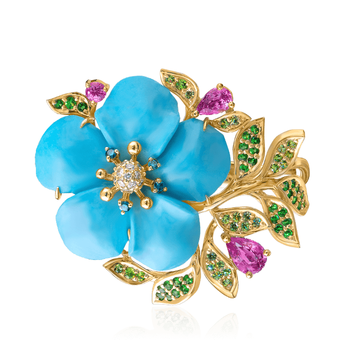 Кольцо цветок с аризонской бирюзой, демантоидами, сапфирами цветными, тсаворитами, бриллиантами в желтом золоте 750 пробы, фото № 3