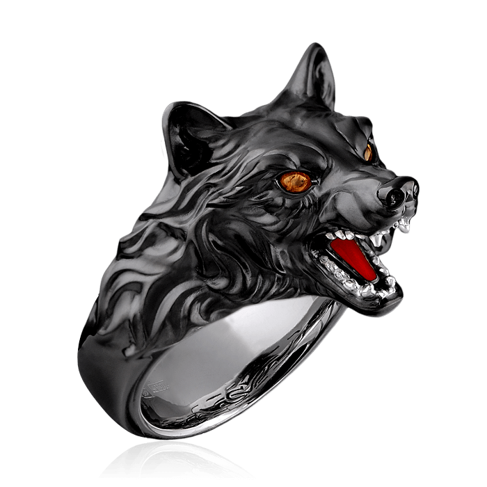 Мужское кольцо Волк с цветными сапфирами и эмалью в черненом золоте 750 пробы, фото № 1