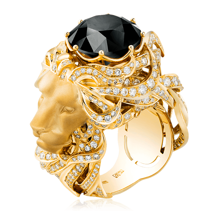 Кольцо Лев с пиритом, бриллиантами из желтого золота 750 пробы, фото № 1