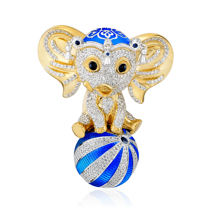 Кулон Слон на шаре с бриллиантами, сапфиром, ониксом, эмалью из комбинированного золота 750 пробы, фото № 1